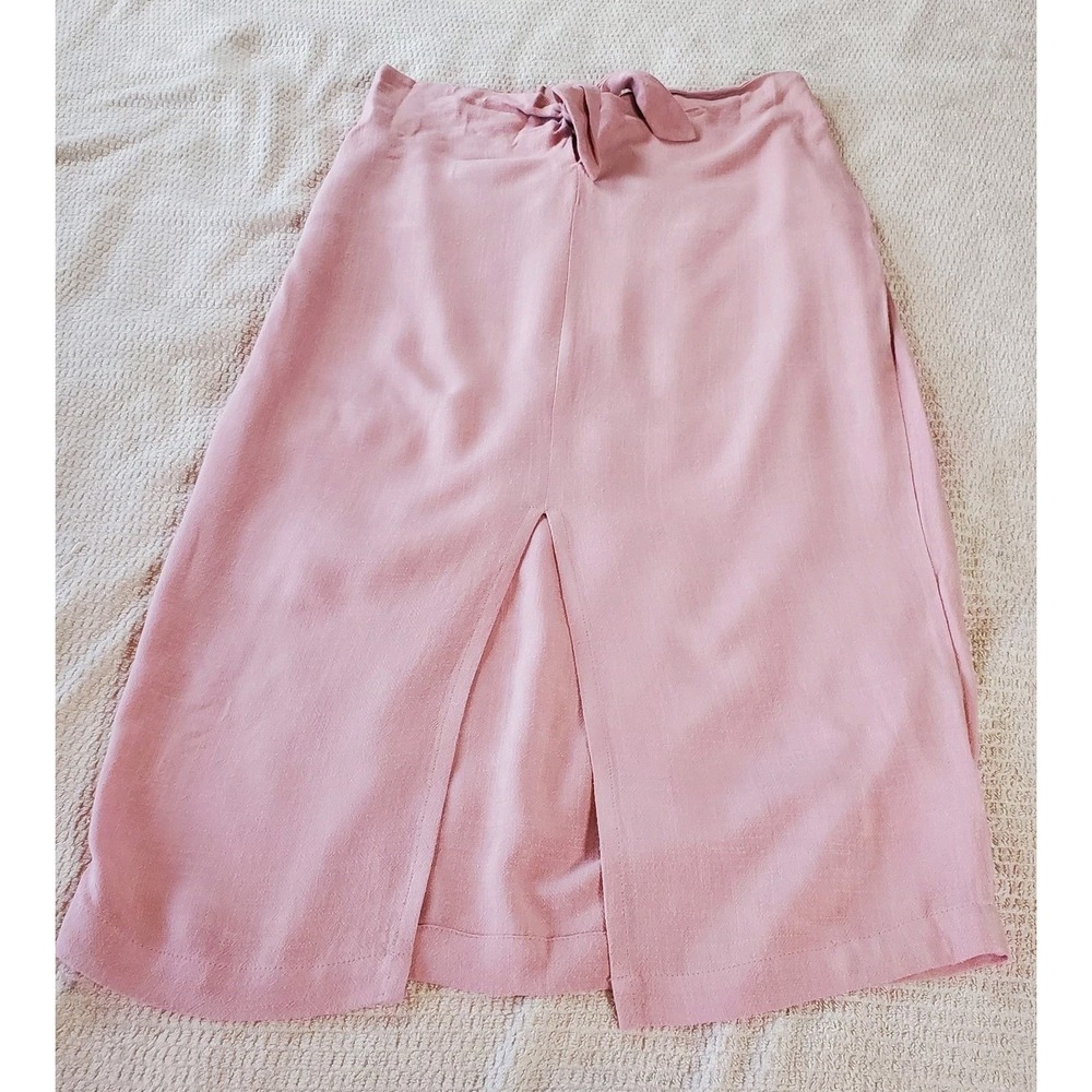 Shabby Chic Pencil Skirt Light Pink Rayon Sz XS Front Knot Knee Length Slit‎